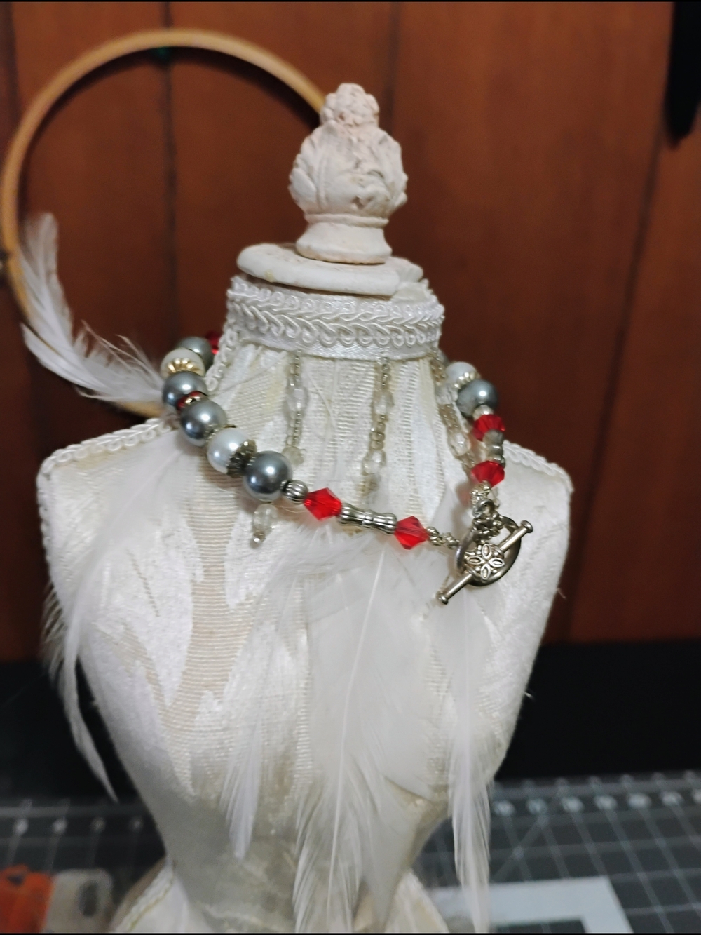 Handmade Women’s Beaded Bracelet with Red Crystal and Silver Pearls